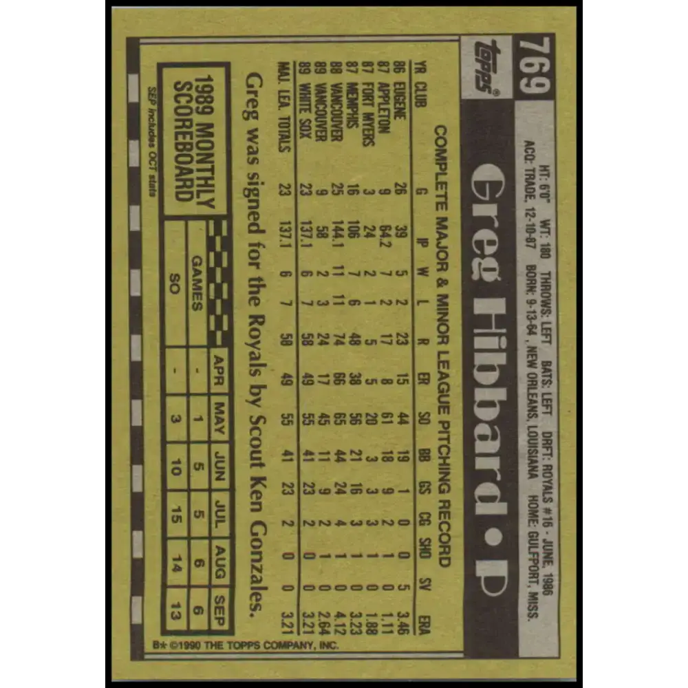 1990 Topps #769 Greg Hibbard NM-MT RC Rookie Chicago White Sox Baseball Card - Baseball Card Single