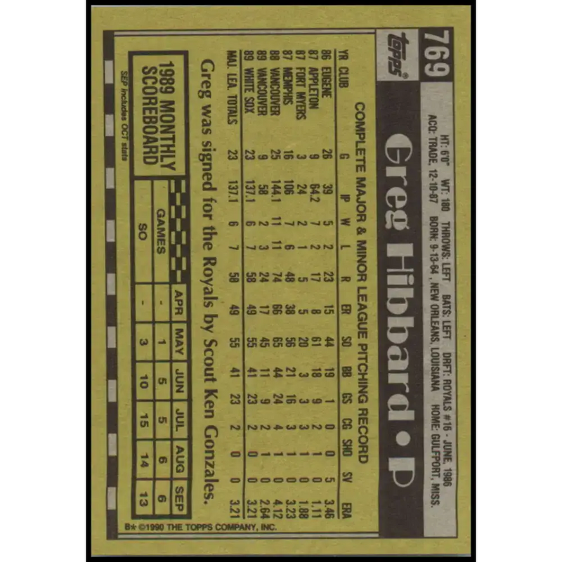 1990 Topps #769 Greg Hibbard NM-MT RC Rookie Chicago White Sox Baseball Card - Baseball Card Single