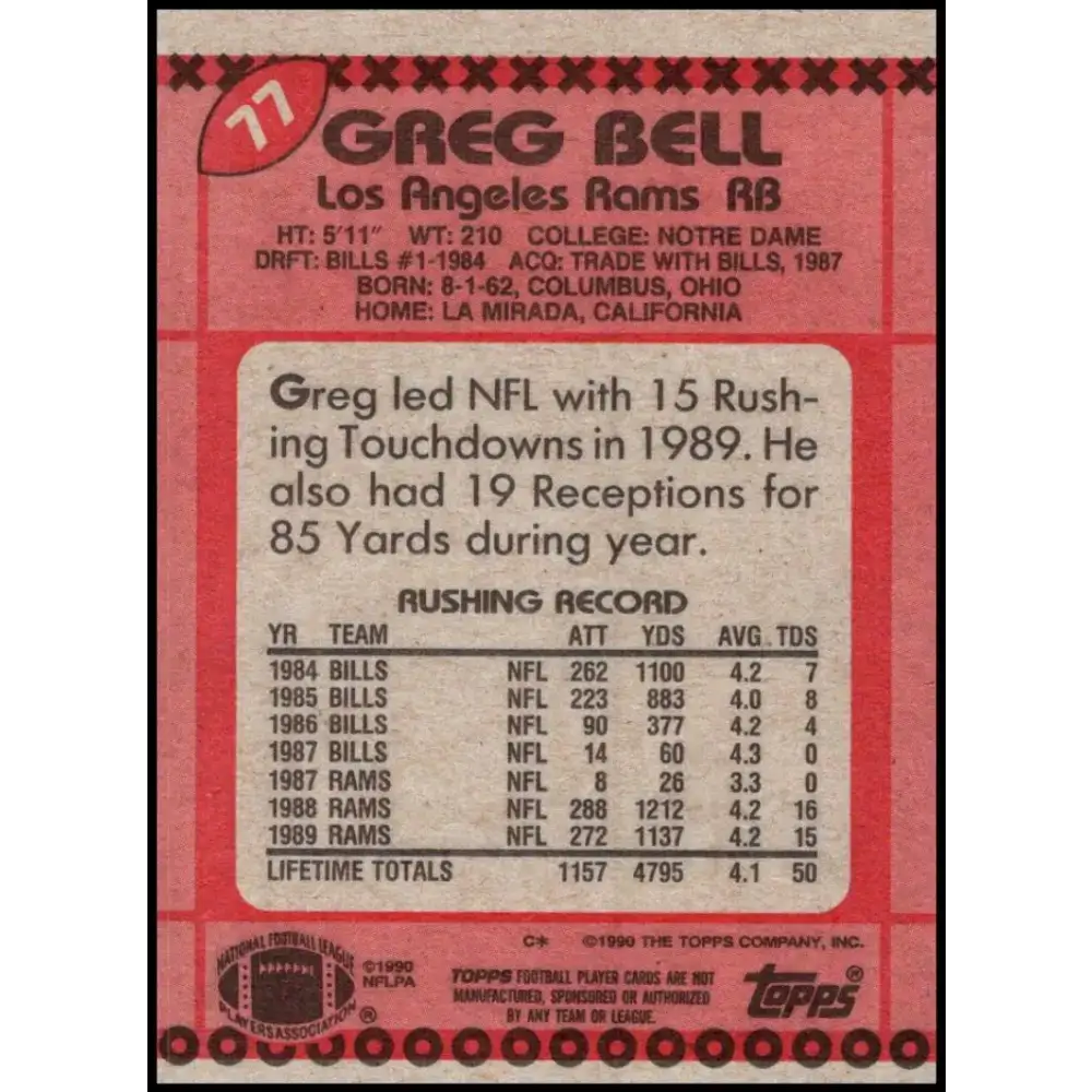 1990 Topps #77 Greg Bell EX Excellent Los Angeles Rams Football Card - Football Card Single