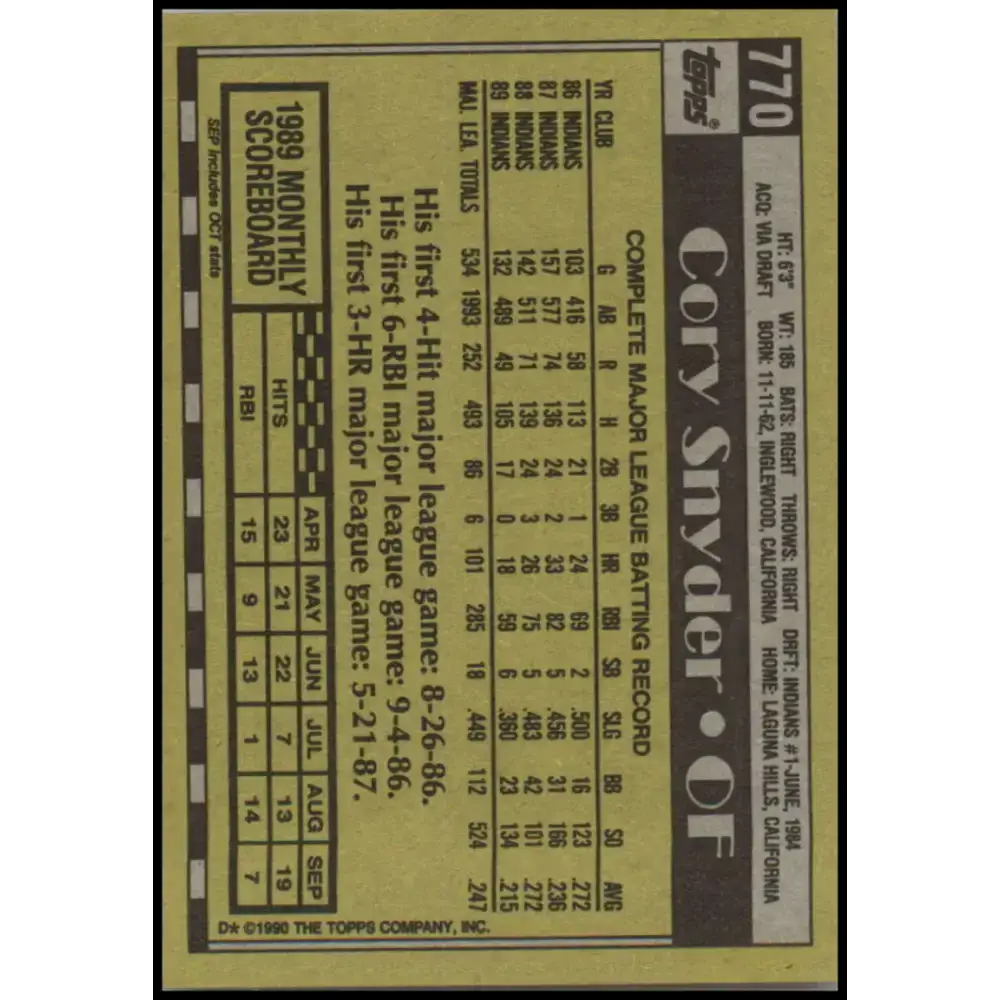 1990 Topps #770 Cory Snyder NM-MT Cleveland Indians Baseball Card - Baseball Card Single