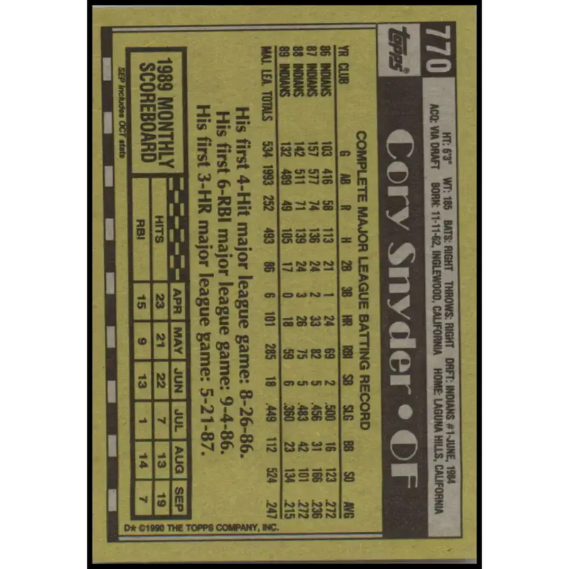 1990 Topps #770 Cory Snyder NM-MT Cleveland Indians Baseball Card - Baseball Card Single