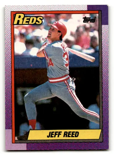 Original gloss Jeff Reed baseball card from 1990 Topps #772 featuring Reds, Simply Sandoval design