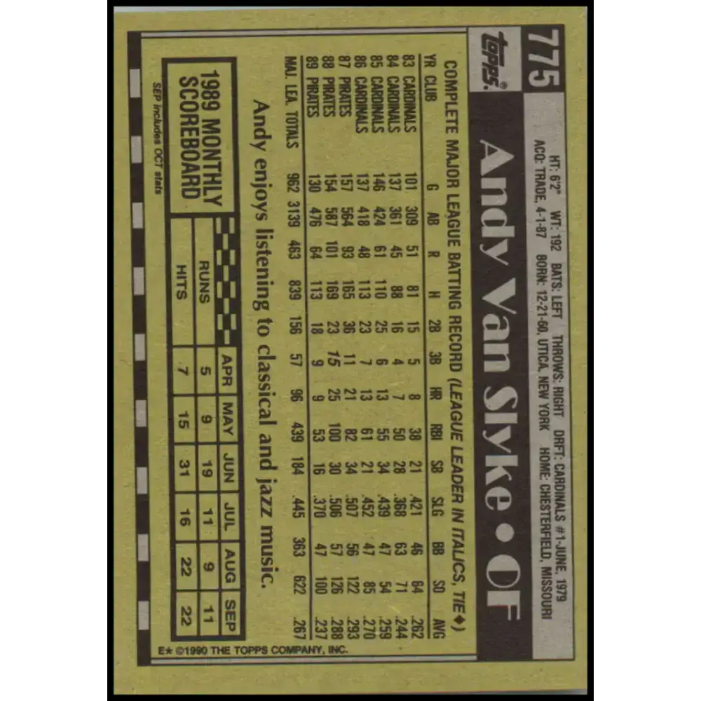 1990 Topps #775 Andy Van Slyke NM-MT Pittsburgh Pirates Baseball Card - Baseball Card Single