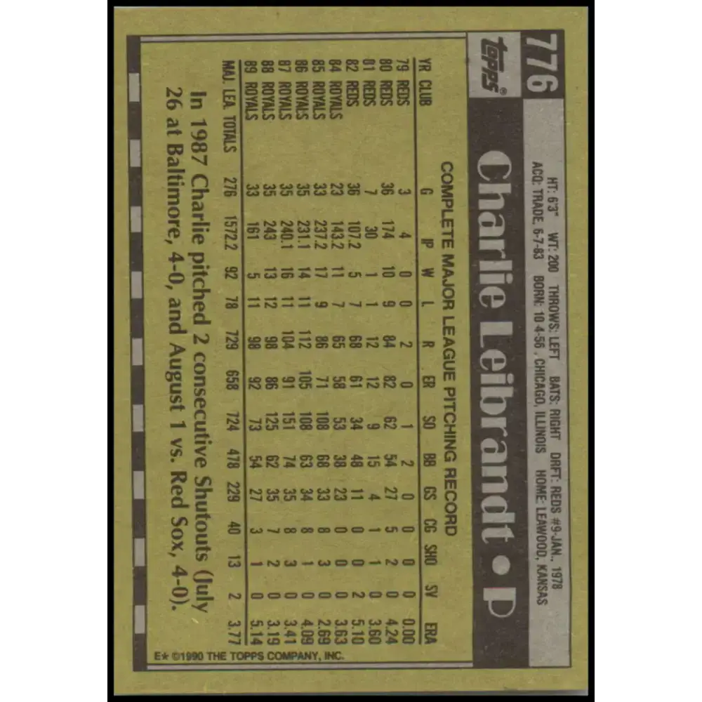 1990 Topps #776 Charlie Leibrandt NM-MT Kansas City Royals Baseball Card - Baseball Card Single