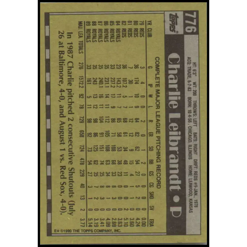 1990 Topps #776 Charlie Leibrandt NM-MT Kansas City Royals Baseball Card - Baseball Card Single