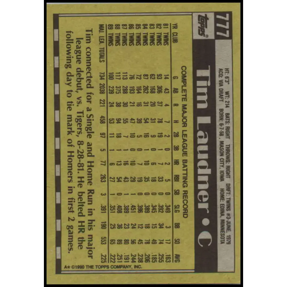1990 Topps #777 Tim Laudner NM-MT Minnesota Twins Baseball Card - Baseball Card Single