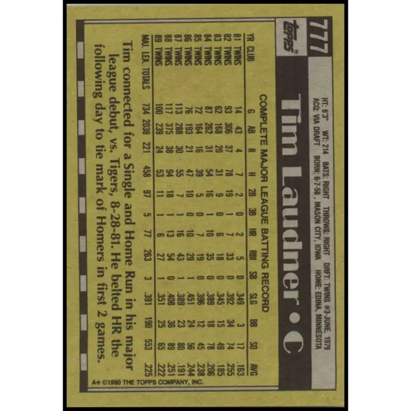 1990 Topps #777 Tim Laudner NM-MT Minnesota Twins Baseball Card - Baseball Card Single