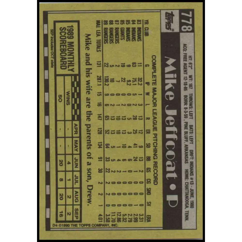 1990 Topps #778 Mike Jeffcoat NM-MT Texas Rangers Baseball Card - Baseball Card Single