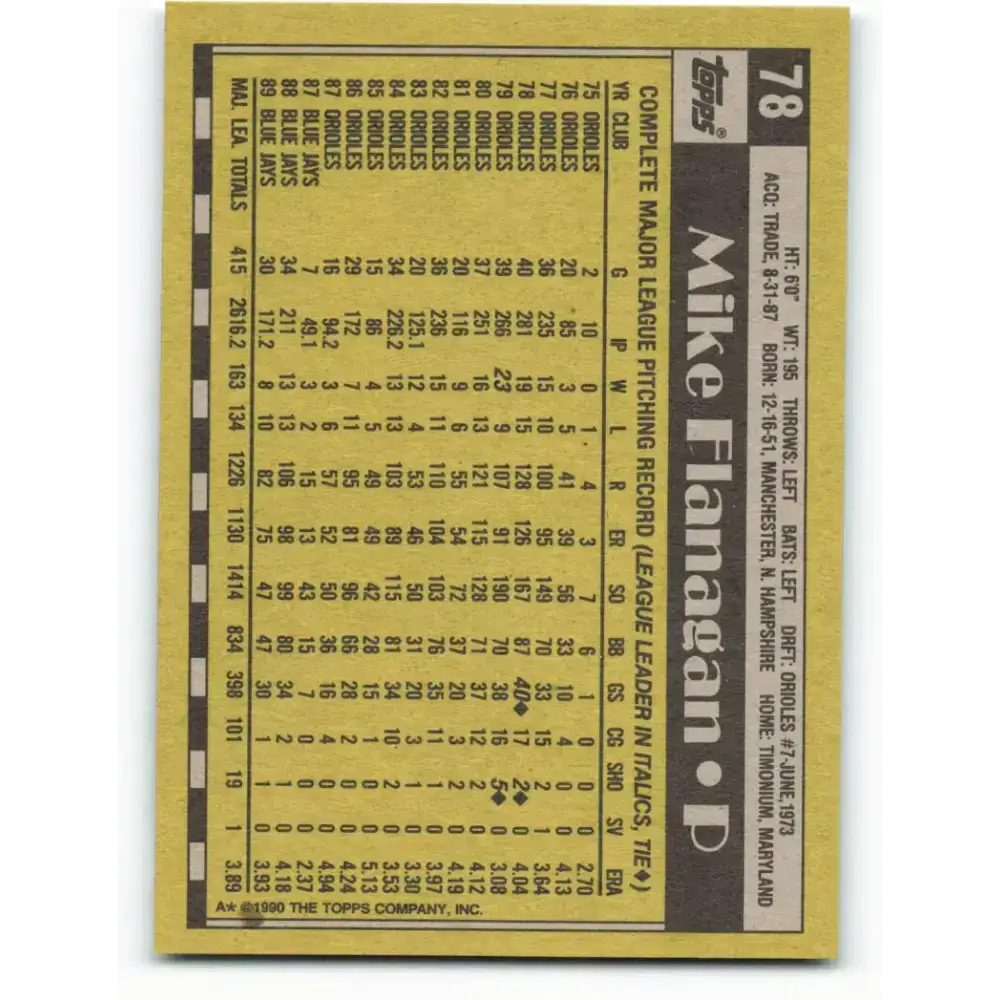 1990 Topps #78 Mike Flanagan NM-MT Toronto Blue Jays Baseball Card - Baseball Card Single
