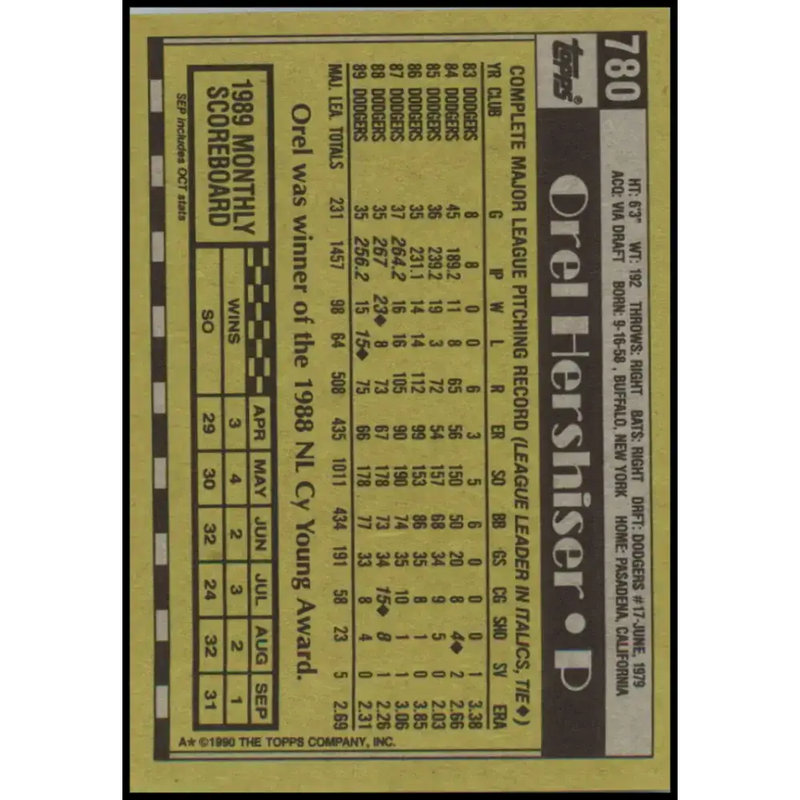 1990 Topps #780 Orel Hershiser NM-MT Los Angeles Dodgers Baseball Card - Baseball Card Single