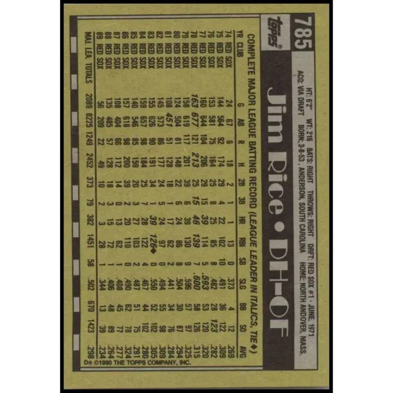 1990 Topps #785 Jim Rice NM-MT Boston Red Sox Baseball Card - Baseball Card Single