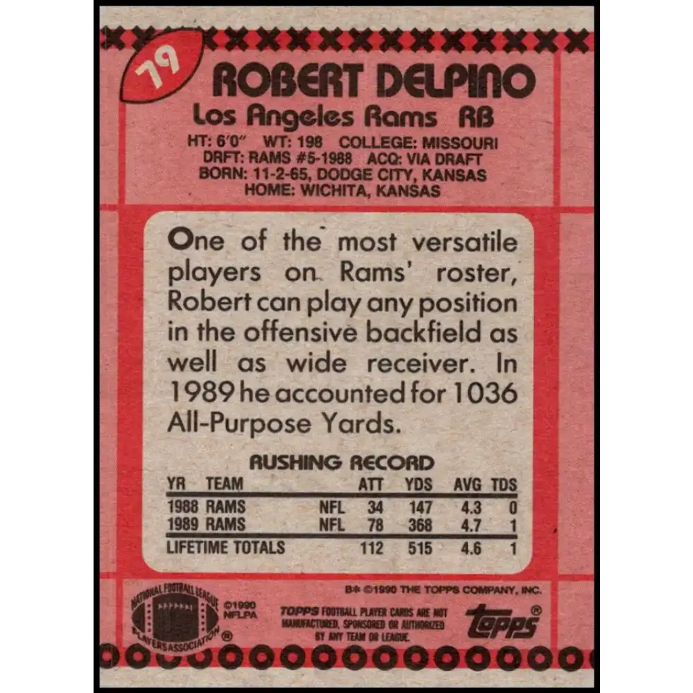 1990 Topps #79 Robert Delpino EX Excellent Los Angeles Rams Football Card - Football Card Single
