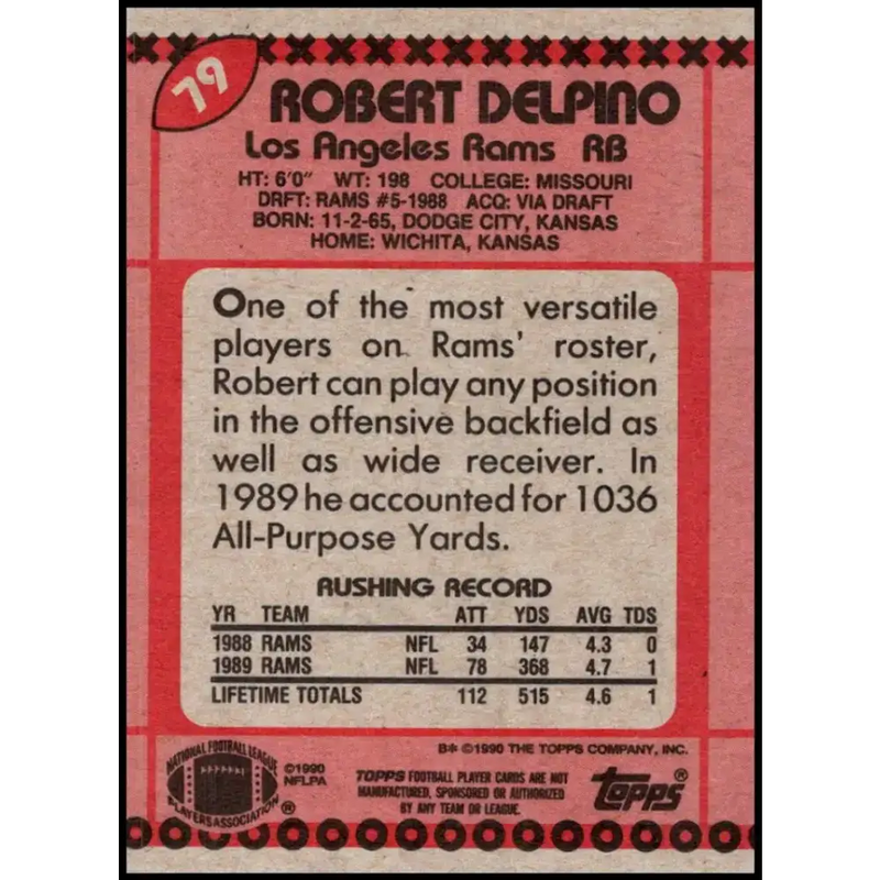 1990 Topps #79 Robert Delpino EX Excellent Los Angeles Rams Football Card - Football Card Single