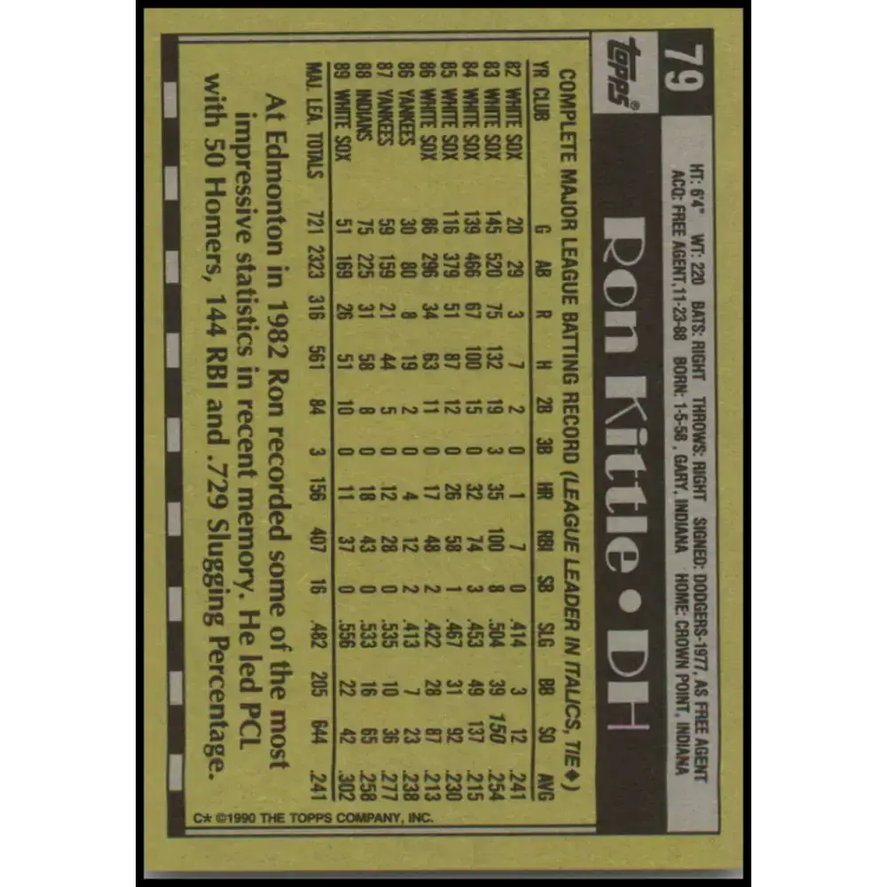 1990 Topps #79 Ron Kittle NM-MT Chicago White Sox Baseball Card - Baseball Card Single