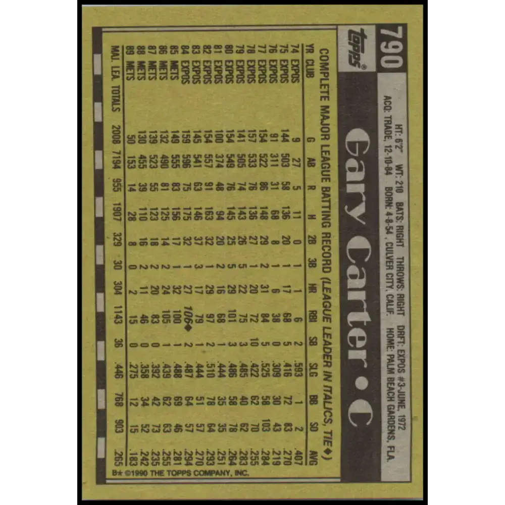 1990 Topps #790 Gary Carter NM-MT New York Mets Baseball Card - Baseball Card Single