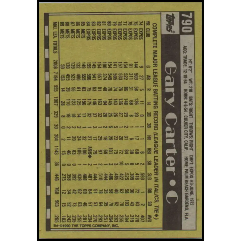 1990 Topps #790 Gary Carter NM-MT New York Mets Baseball Card - Baseball Card Single