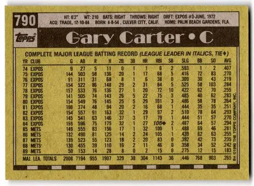 1990 Topps #790 Gary Carter NM Near Mint Mets ID:43462 - Baseball Card Single
