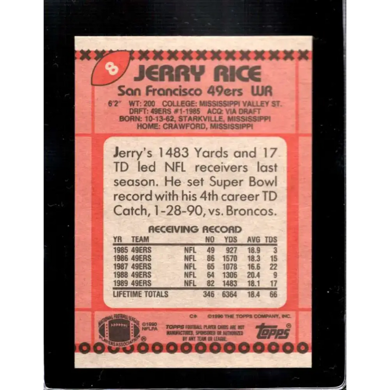 1990 Topps #8 Jerry Rice EX Excellent San Francisco 49ers Football Card - Football Card Single