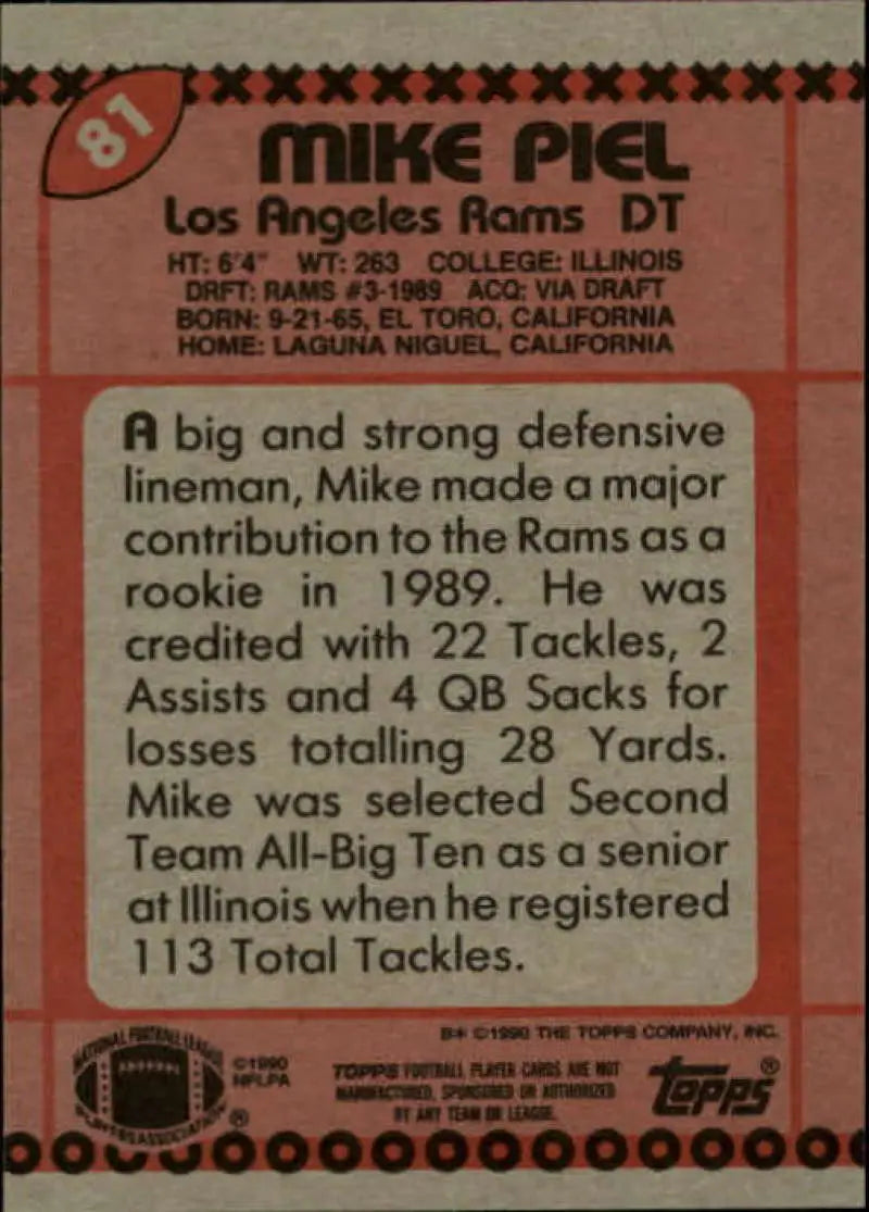 1990 Topps #81 Mike Piel EX Excellent RC Rookie Los Angeles Rams Football Card - Football Card Single