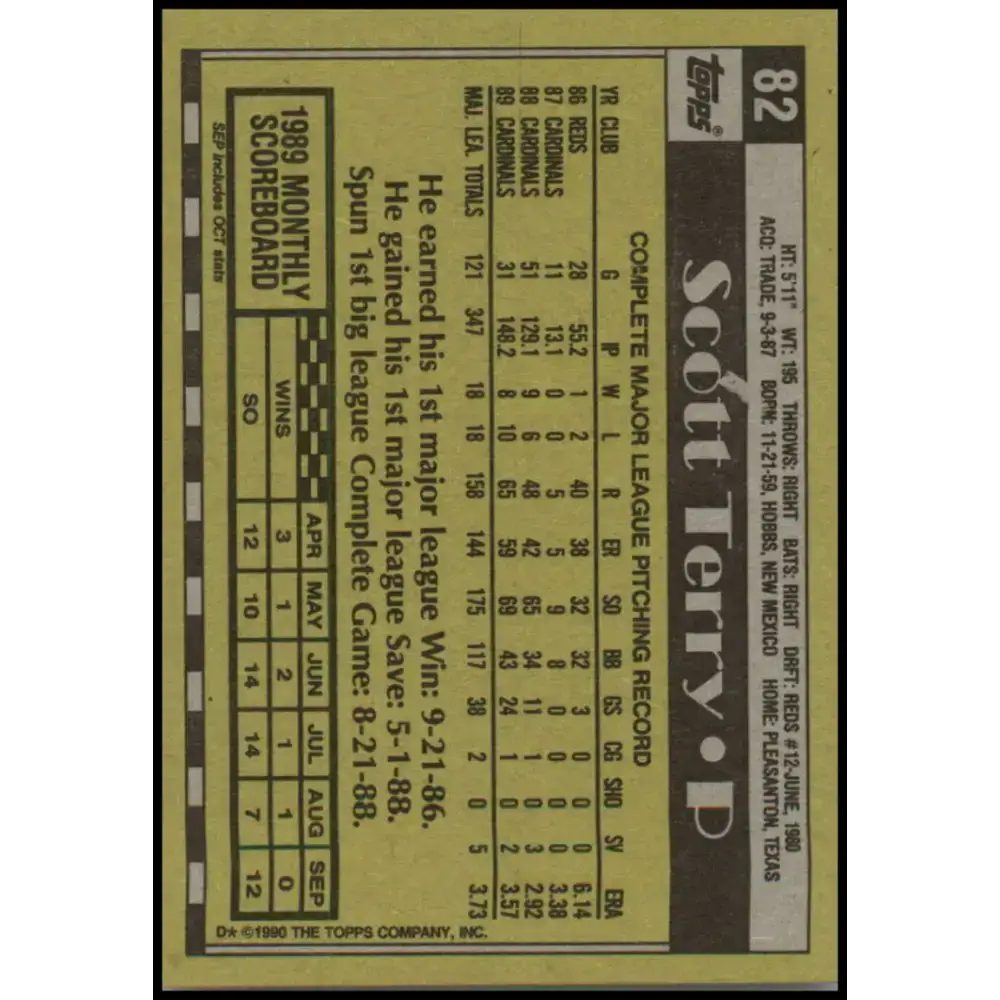 1990 Topps #82 Scott Terry NM-MT St. Louis Cardinals Baseball Card - Baseball Card Single