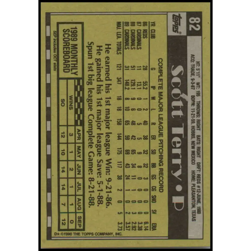 1990 Topps #82 Scott Terry NM-MT St. Louis Cardinals Baseball Card - Baseball Card Single