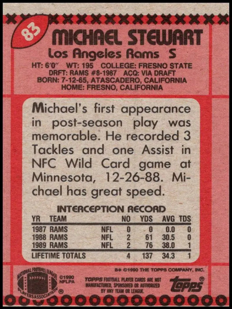 1990 Topps #83 Michael Stewart EX Excellent RC Rookie Los Angeles Rams Football Card - Football Card Single