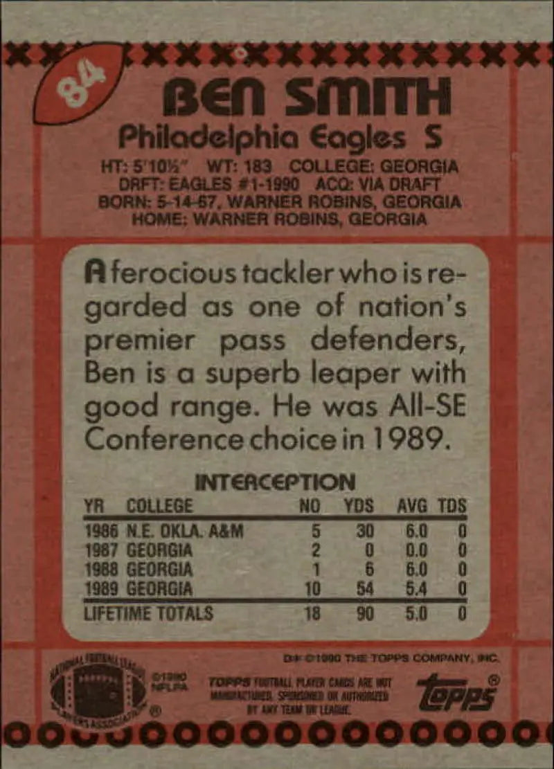 1990 Topps #84 Ben Smith EX Excellent RC Rookie Philadelphia Eagles Football Card - Football Card Single