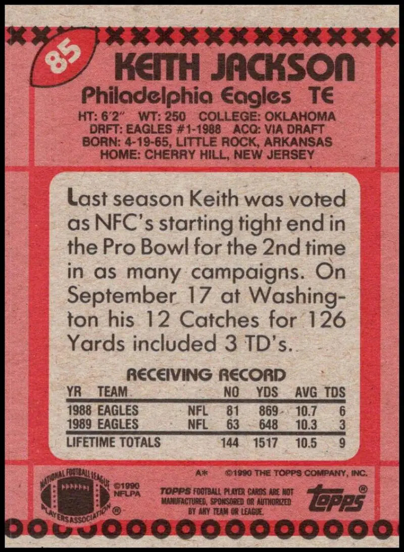 1990 Topps #85 Keith Jackson EX Excellent Philadelphia Eagles Football Card - Football Card Single