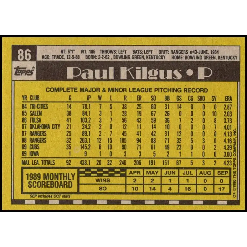 1990 Topps #86 Paul Kilgus NM-MT Chicago Cubs Baseball Card - Baseball Card Single