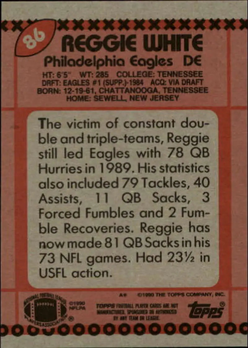 1990 Topps #86 Reggie White EX Excellent Philadelphia Eagles Football Card - Football Card Single