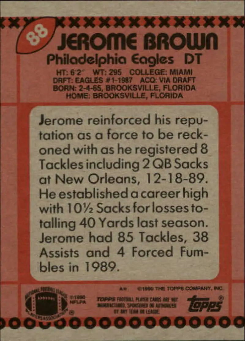 1990 Topps #88 Jerome Brown EX Excellent Philadelphia Eagles Football Card - Football Card Single