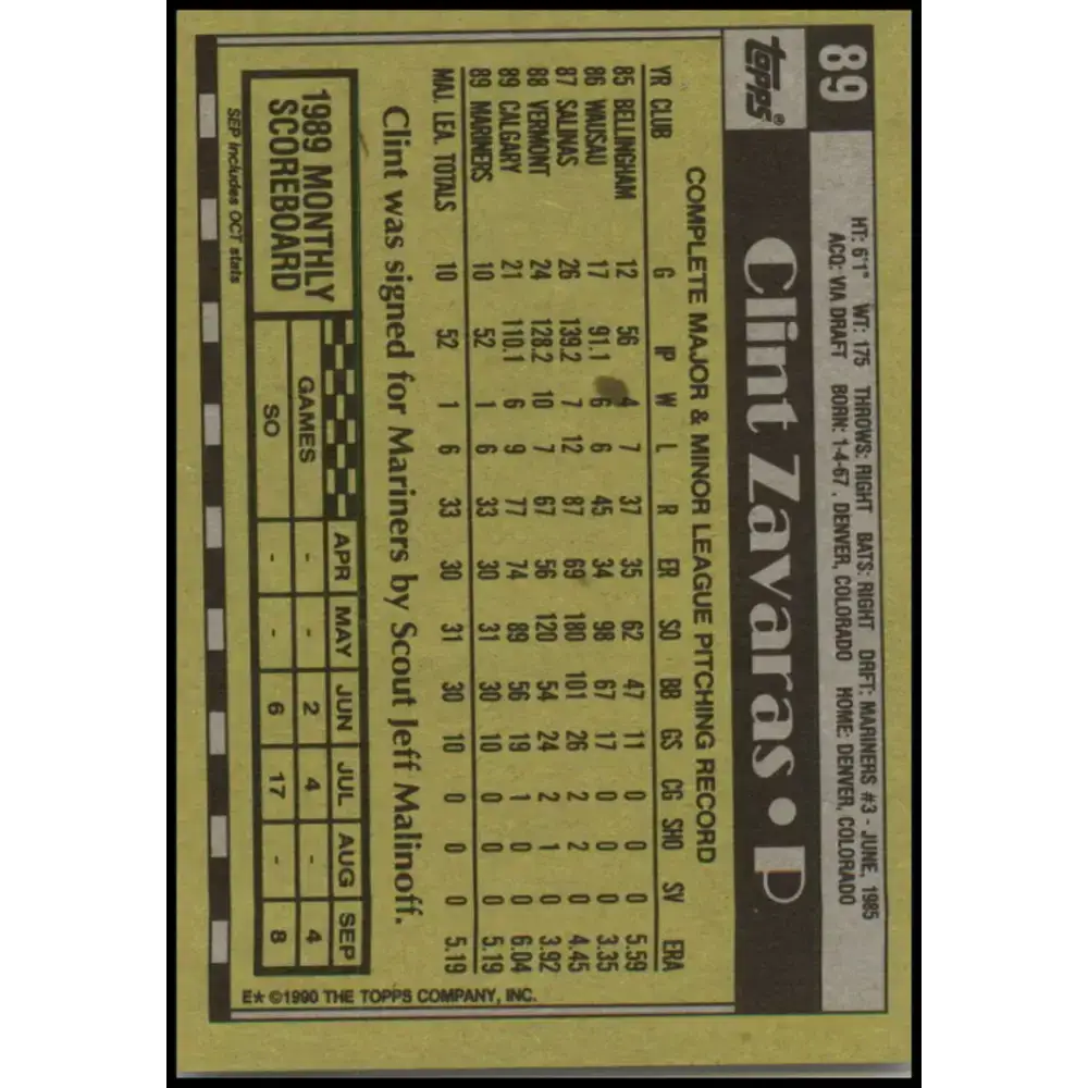 1990 Topps #89 Clint Zavaras NM-MT RC Rookie Seattle Mariners Baseball Card - Baseball Card Single