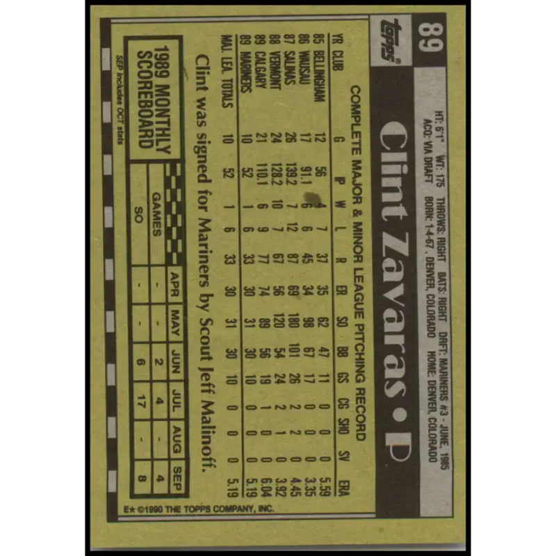 1990 Topps #89 Clint Zavaras NM-MT RC Rookie Seattle Mariners Baseball Card - Baseball Card Single
