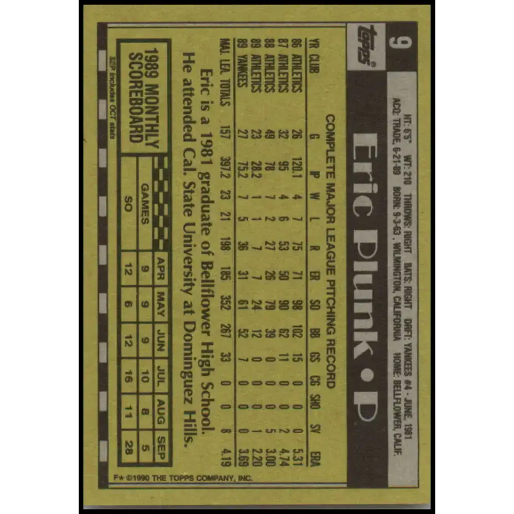 1990 Topps #9 Eric Plunk NM-MT New York Yankees Baseball Card - Baseball Card Single