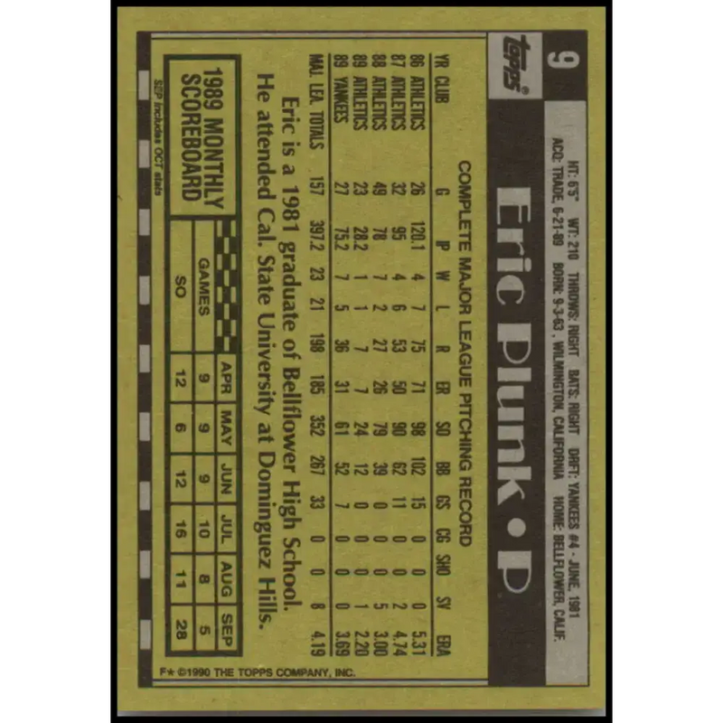 1990 Topps #9 Eric Plunk NM-MT New York Yankees Baseball Card - Baseball Card Single
