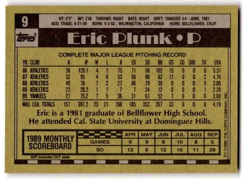 1990 Topps #9 Eric Plunk NM Near Mint Yankees ID:43441 - Baseball Card Single
