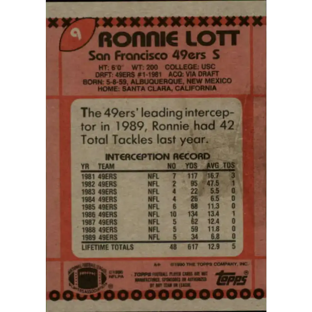 1990 Topps #9 Ronnie Lott EX Excellent San Francisco 49ers Football Card - Football Card Single