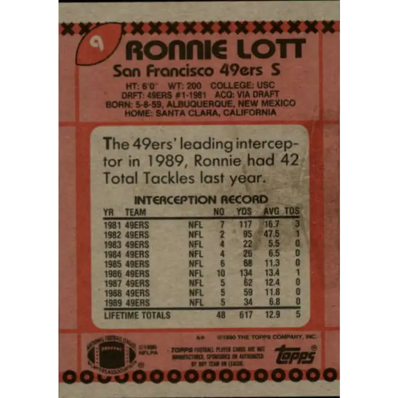 1990 Topps #9 Ronnie Lott EX Excellent San Francisco 49ers Football Card - Football Card Single