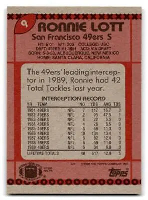 Ronnie Lott football card back from 1990 Topps #9 trading cards collection