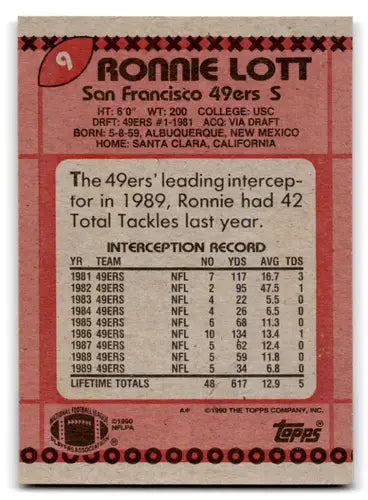 1990 Topps #9 Ronnie Lott NM Near Mint 49ers ID:67364 - Football Card Single