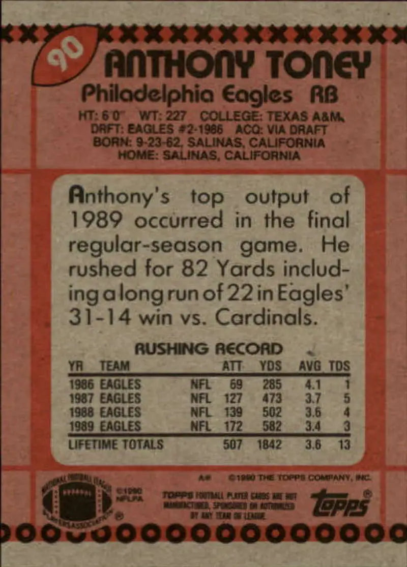 1990 Topps #90 Anthony Toney EX Excellent Philadelphia Eagles Football Card - Football Card Single