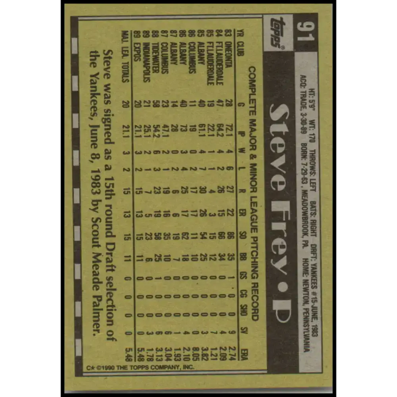 1990 Topps #91 Steve Frey NM-MT RC Rookie Montreal Expos Baseball Card - Baseball Card Single