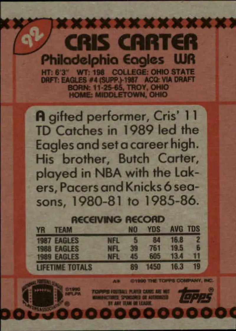 1990 Topps #92 Cris Carter EX Excellent Philadelphia Eagles Football Card - Football Card Single