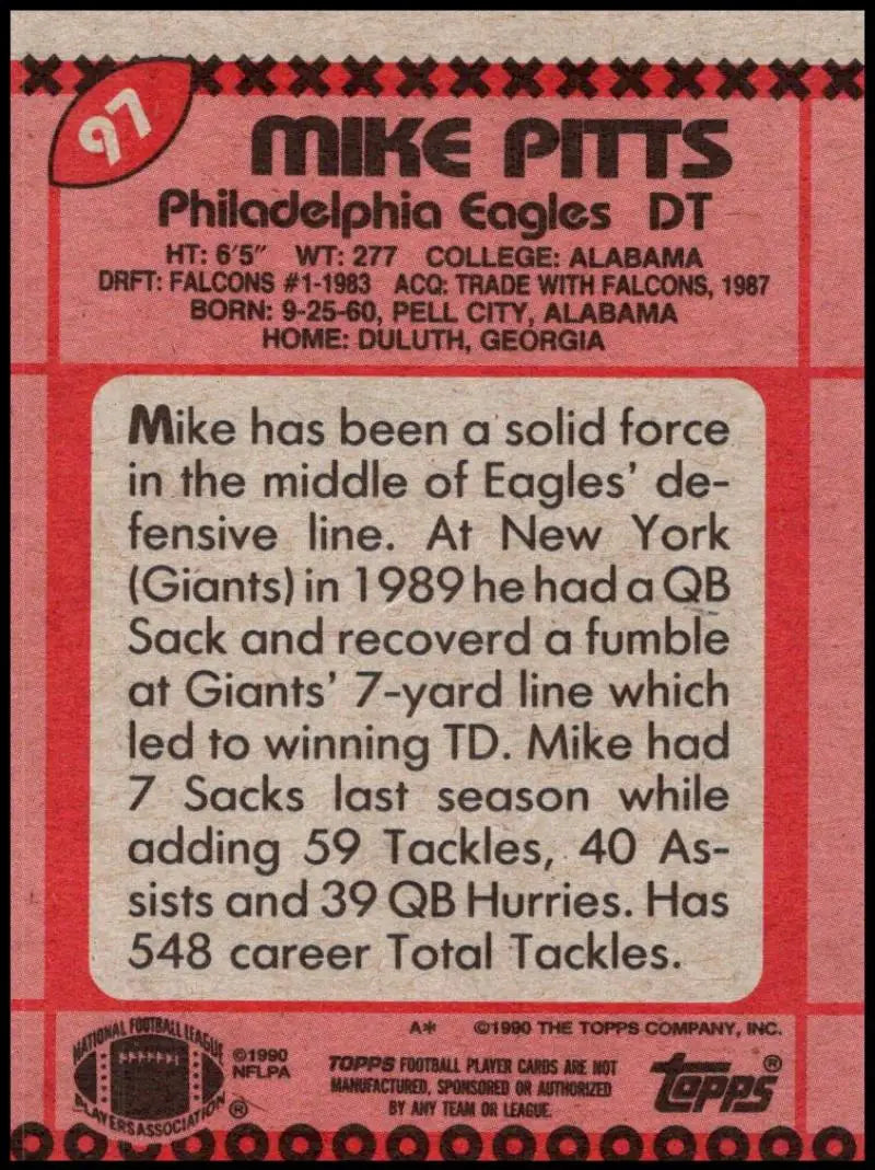 1990 Topps #97 Mike Pitts EX Excellent Philadelphia Eagles Football Card - Football Card Single