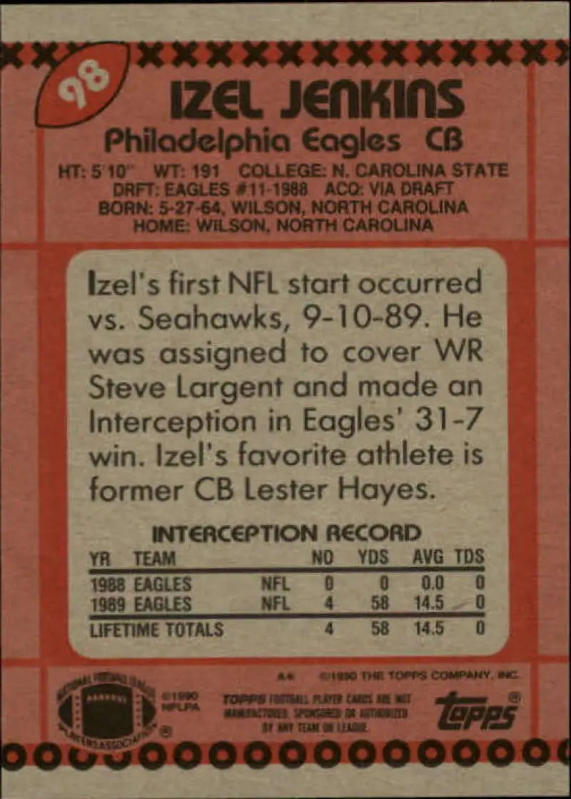 1990 Topps #98 Izel Jenkins EX Excellent RC Rookie Philadelphia Eagles Football Card - Football Card Single