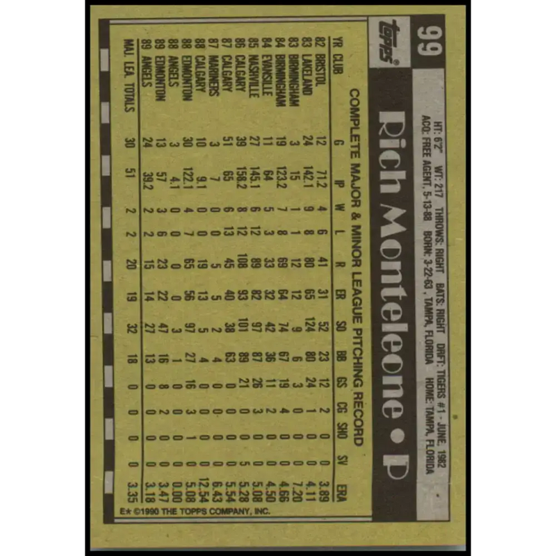 1990 Topps #99 Rich Monteleone NM-MT California Angels Baseball Card - Baseball Card Single