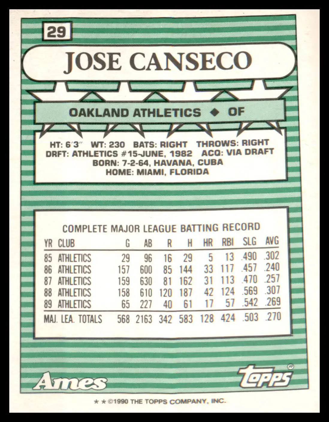 1990 Topps Ames All-Stars #29 Jose Canseco - Baseball Card Single