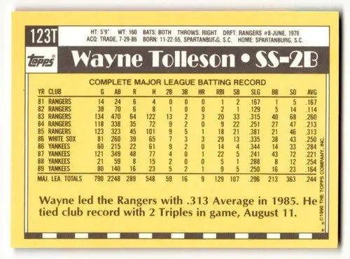 1990 Topps Traded #123T Wayne Tolleson New York Yankees Baseball Car ID:53947 - Baseball Card Single