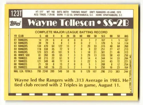 1990 Topps Traded #123T Wayne Tolleson New York Yankees Baseball Car ID:53964 - Baseball Card Single