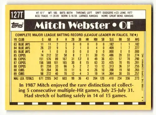 1990 Topps Traded #127T Mitch Webster Cleveland Indians Baseball Car ID:53939 - Baseball Card Single